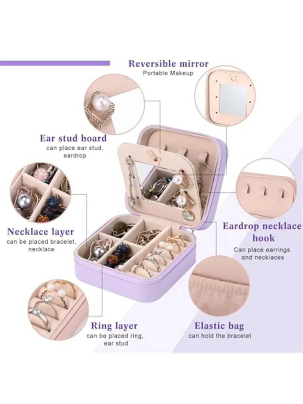 Travel Jewelry Box Organizer Case With Mirror Faux Leather Mini 6 Pack Storage
